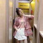 Plain Long-sleeve T-shirt / Plaid Blazer / Shorts