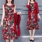 Set: Flower Print Sleeveless A-line Dress + Chiffon Jacket