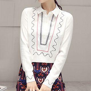 Set : Embroidered Long-sleeve Blouse + Patterned Skirt