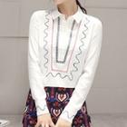 Set : Embroidered Long-sleeve Blouse + Patterned Skirt