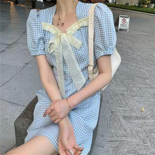 Check Bow-accent Short-sleeve Slim-fit Dress