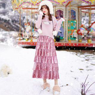 Set: Frill-trim Floral Embroidered Sweatshirt + Maxi A-line Tiered Velvet Skirt