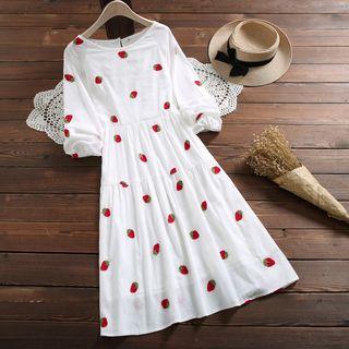 Strawberry Embroidered Long-sleeve Crewneck Dress