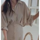 Plain Midi Shirt Dress Beige - One Size