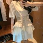 Set: Crew-neck Elbow-sleeve T-shirt Dress + Lace Up Waist Belt As Shown In Figure - One Size