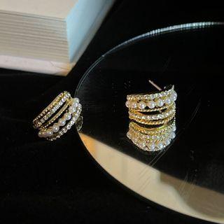 Beaded Layered Hoop Drop Earring 1750a# - 1 Pair - Gold & White - One Size