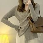 Long-sleeve V-neck Knit Top Gray - One Size
