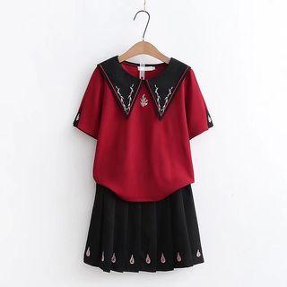 Elbow-sleeve Collar Top / Mini A-line Skirt / Set