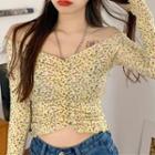 Lace Trim Camisole / Long-sleeve Off-shoulder Flower Print T-shirt