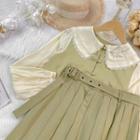 Collared Two-tone Blouse / Pleated Midi A-line Skirt / Set