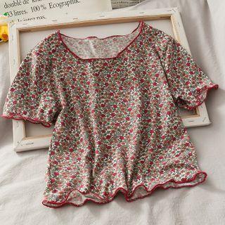 Ruffled-trim Floral Crop T-shirt