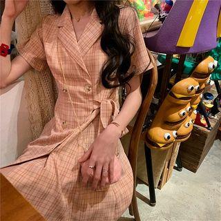 Short-sleeve Plaid Double Breasted Mini Shirtdress Pink - One Size