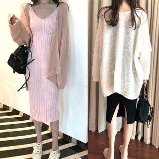V-neck Cardigan / Sleeveless Rib-knit Midi Sheath Dress