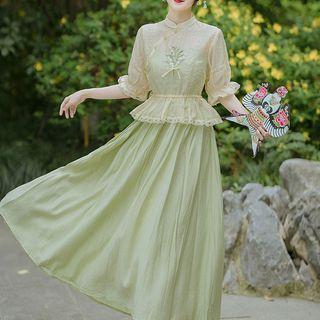 Set: Puff-sleeve Embroidered Qipao Top + Spaghetti-strap Midi A-line Dress