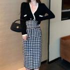 V-neck Contrast Trim Double Breasted Cardigan / High-waist Houndstooth Midi Bodycon Skirt