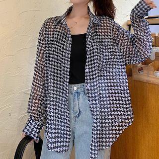 Pocket-front Houndstooth Oversize Shirt As Shown In Figure - One Size