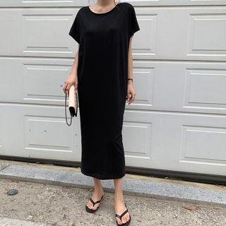 Cap-sleeve Long T-shirt Dress Black - One Size