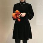 Mock-turtleneck Balloon-sleeve Velvet A-line Dress
