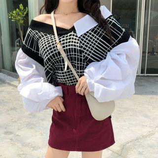 Puff-sleeve Plaid Knit Panel Blouse