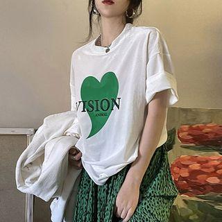 Short-sleeve Heart Print Velvet T-shirt