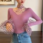 Dot Mesh Panel Mock-neck Knit Top