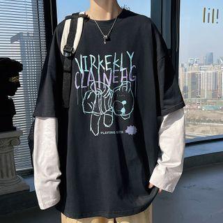 Print Long-sleeve Mock Two-piece Top
