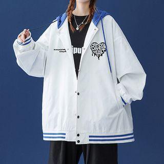 Hooded Heart Print Baseball Jacket