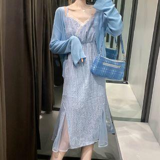 Spaghetti Strap Checked A-line Midi Dress