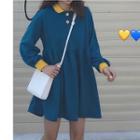 Long-sleeve Two Tone Polo Dress Blue - One Size