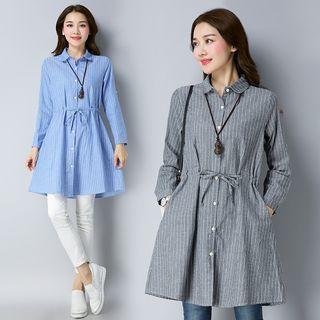 Pinstriped Tie-waist Long Shirt