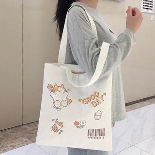 Cat Cat Print Canvas Tote Bag White - One Size