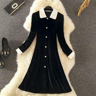 Contrast Collar Long-sleeve Velvet Midi A-line Dress