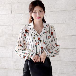Notched-collar Floral Stripe Shirt