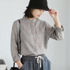 Long-sleeve Plaid Blouse Gray - One Size
