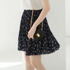 Small Floral Skirt Chiffon Print Accordion Pleat Navy Blue - One Size