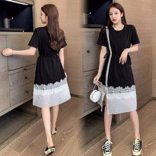 Short-sleeve Drawstring Lace Panel A-line Dress