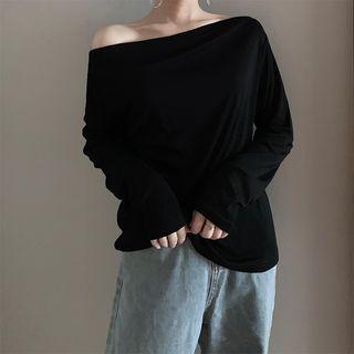Long-sleeve Off Shoulder Plain Top Black - One Size