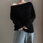 Long-sleeve Off Shoulder Plain Top Black - One Size