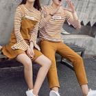 Couple Matching Set: Long-sleeve Striped T-shirt + Pinafore Dress / Cropped Pants