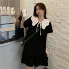 Short-sleeve Tie-neck Mini A-line Dress Black - One Size
