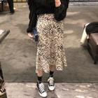 Ruched Blouse / Leopard Print Midi A-line Skirt