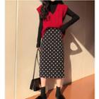 V-neck Knit Vest / Dotted Straight-fit Skirt / Turtleneck Long-sleeve T-shirt