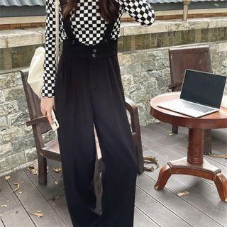 Plain Wide Leg Jumper Pants / Long-sleeve Checkerboard T-shirt