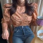 Turtleneck Long-sleeve Top / Floral Print Puff-sleeve Blouse