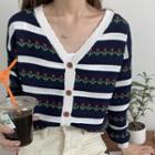 Long-sleeve Striped Buttoned Knit Top Dark Blue - One Size