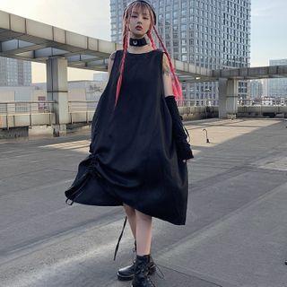 Sleeveless Drawstring Midi A-line Dress Black - One Size