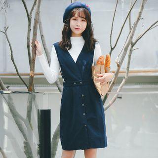 Sleeveless Buttoned Plain Woolen Dress