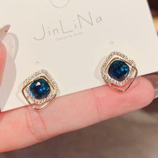 Square Rhinestone Earring 1 Pair - Blue Rhinestone - Gold - One Size
