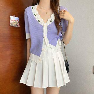 Elbow-sleeve Flower Embroidered Button-up Knit Top