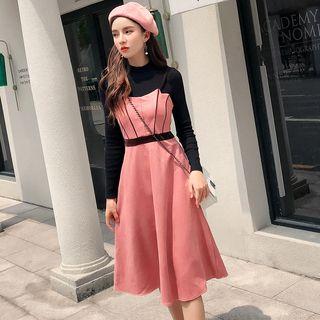 Set: Long-sleeve Knit Top + Spaghetti-strap A-line Dress